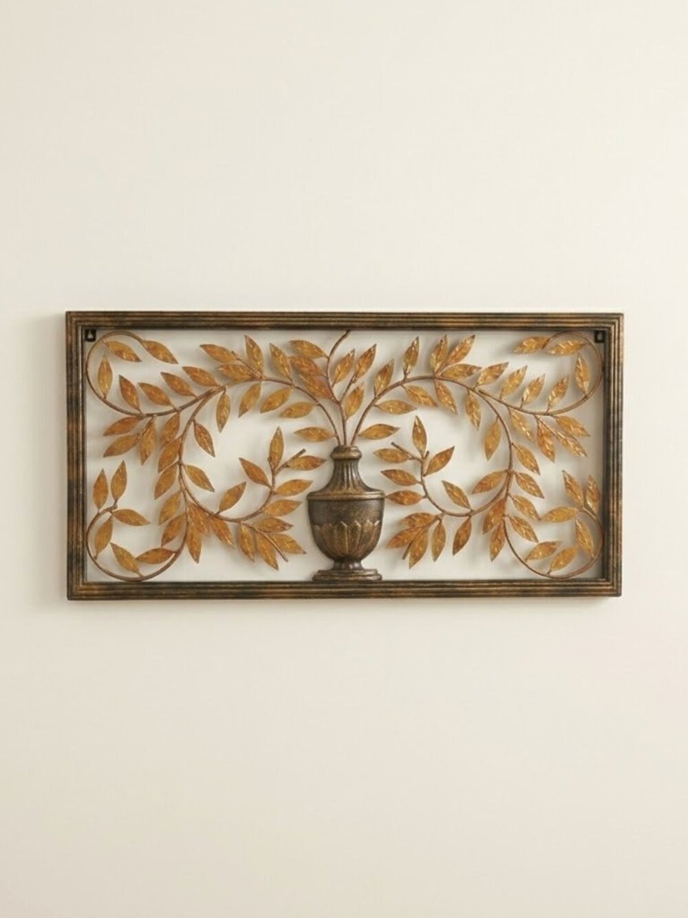 Vintage Brutalist Metal Wall Art Copper Bronze Leaves Urn 31" Large MCM Decor